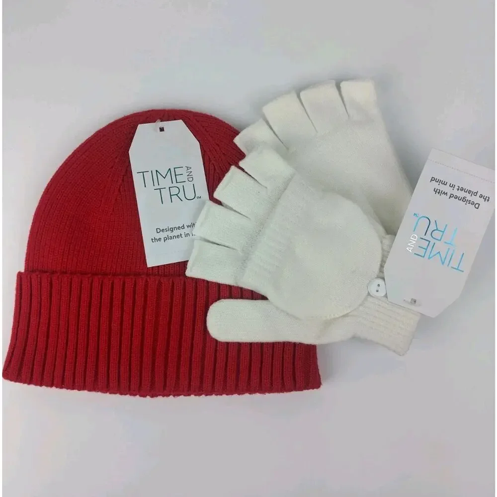Time and Tru Women's Coordinate Beanie, One Size Fits Most, Red With White Glove